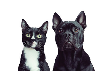 Fototapete - Portrait  of black bulldog and black and white cat staring at camera isolated on transparent background