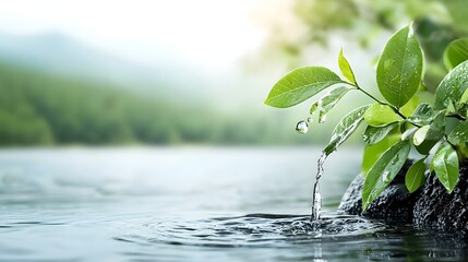 Poster - A crystal clear droplet of water gently falling into a serene and tranquil lake creating delicate ripples that spread across the calm surface