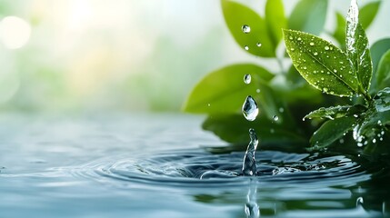 Poster - A crystalline droplet of water gently falling onto the placid surface of a calm lake causing soft ripples to expand outwards creating a serene and tranquil natural scene with ample copy space