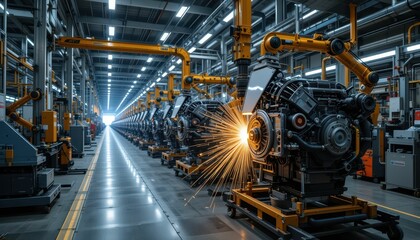 Poster - Industrial Factory Assembly Line with Spark and Machinery Focus