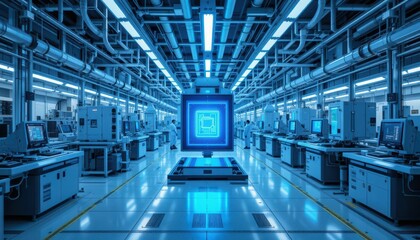 Poster - Modern Technology Factory Interior with Blue Lighted Equipment