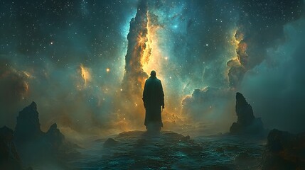 Poster - Serene Cosmic Nebula Cradling a Cluster of Newborn Stars in its Vibrant Glowing Arms