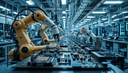 Poster - Robotic Arms Assembly Line in High-Tech Manufacturing Facility