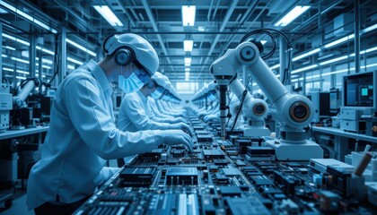 Poster - Workers in Cleanroom with Robots and Circuit Boards in Factory
