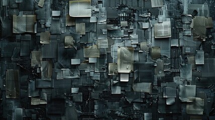 Poster - An abstract assemblage of computer-inspired elements, showcasing a textured and layered design with various shapes and tones, perfect for modern art themes.