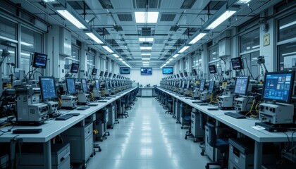 Poster - High-Tech Laboratory with Rows of Computer Workstations and Equipment