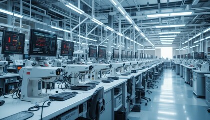 Poster - Spacious High-Tech Sewing Factory with Advanced Machinery and Screens