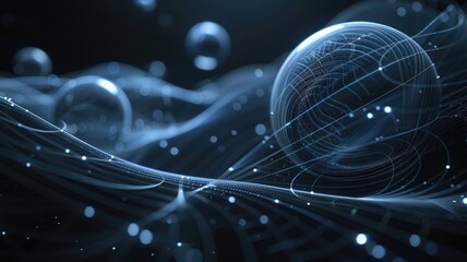Poster - Explore this futuristic abstract background featuring dynamic waves and luminous spheres, perfect for technology or digital art projects. Ideal for creative designs.