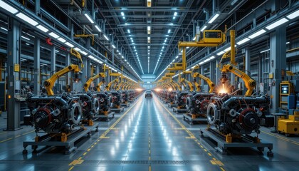Poster - Advanced Manufacturing Facility with Robotic Arms and Engine Assembly