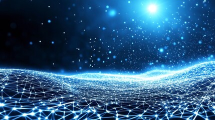 Poster - Abstract Blue Digital Network Landscape with Glowing Nodes and Connections