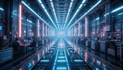 Poster - High-Tech Futuristic Data Center with Neon Lights and Workstations