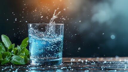 Poster - Frozen in Time Mesmerizing Mid Air Splash of a Water Droplet Captured in a Glass of Drinking Water Showcasing the Fluid Dynamics and Ethereal Beauty of a Fleeting Moment