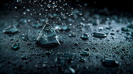 Poster - Closeup photograph of multiple fresh water droplets beading and glistening on a cool smooth glass surface emphasizing the delicate beauty of nature