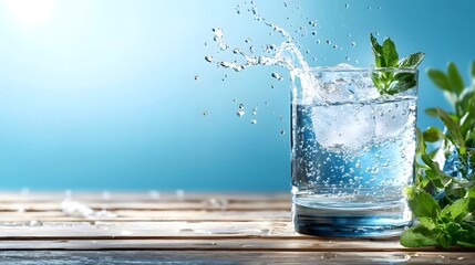 Poster - Slow Motion Capture of a Solitary Water Droplet Splashing Into a Clean Transparent Glass of Drinking Water Frozen in Mid Air with Ample Copyspace for Text Overlay