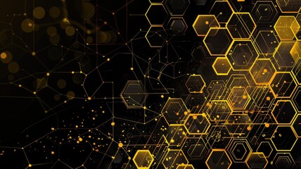 Aufkleber - This futuristic blockchain background features a vibrant arrangement of yellow hexagons and abstract shapes, set against a sleek black backdrop, ideal for technology visuals.