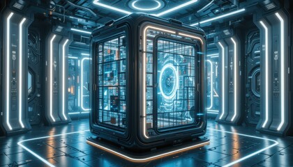 Poster - High-tech futuristic cage with glowing digital elements in a dark room