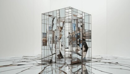Poster - Abstract shattered mirror cube with geometric reflections in space