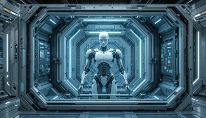 Poster - Futuristic Robot Standing in High-Tech Sci-Fi Laboratory Environment