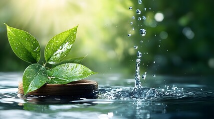 Poster - Tranquil image of a single water droplet falling from a bamboo spout into a calm reflective pool evoking a sense of peace sustainability and natural harmony with ample copy space