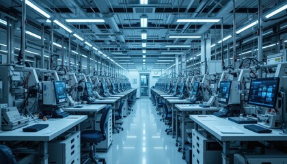 Poster - High-Tech Electronics Manufacturing Facility Interior with Workstations
