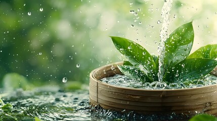 Poster - Tranquil water droplet falling from a bamboo spout into a calm reflective pond evoking a sense of peace sustainability and the delicate balance of nature