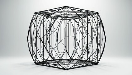 Poster - Black Geometric Structure with Thin Wire Frame Against White Background