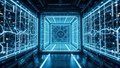 Poster - Futuristic Digital Portal with Neon Lines and Tech Elements