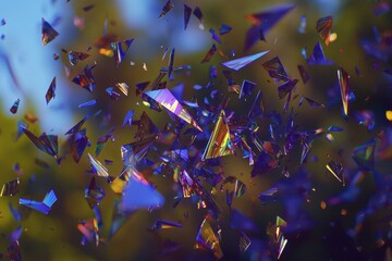 Poster - A chaotic yet captivating abstract scene of iridescent triangles suspended in air, creating a mesmerizing pattern with a blend of sharp edges and soft backgrounds.