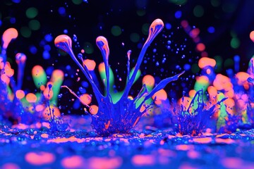 Poster - Abstract close up of vibrant multicolored paint splashes, revealing dynamic fluid art with glowing neon colors against a dark, bokeh-filled backdrop