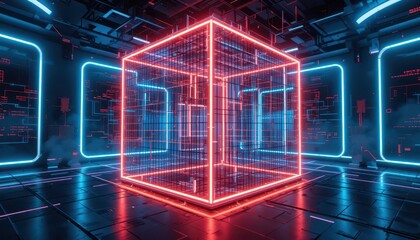 Poster - Futuristic Neon Cube in High-Tech Digital Environment with Grid