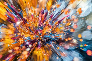 Poster - An abstract burst of vibrant colors, featuring dynamic streaks of yellow, orange, blue and pink, creating a mesmerizing and energetic composition with bokeh effects.