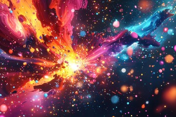 Fototapete - A mesmerizing explosion of vibrant colors and particles, creating a dynamic and energetic abstract design suitable for backgrounds and modern art pieces, full of light.