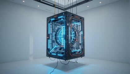 Poster - Futuristic High-Tech Cube with Neon Lights in Minimalist Room