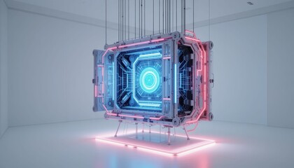 Poster - Futuristic Portal with Neon Lights and High-Tech Elements in Studio