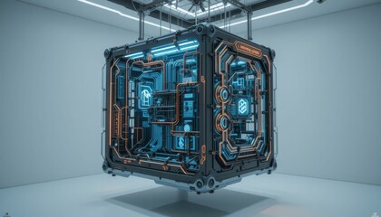 Poster - Futuristic Neon Cube with Intricate Technology in Modern Environment