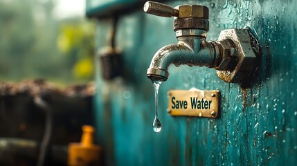 Poster - Minimalist photograph of a clear water tap dripping a single droplet with the inspiring message  Save Water  reflected in the water