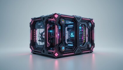 Poster - Futuristic Sci-Fi Cube with Neon Lights and Digital Displays