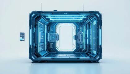 Poster - Futuristic Virtual Room with Blue Neon Lights and High-Tech Design
