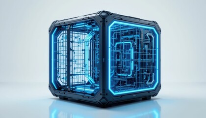 Poster - Futuristic Digital Cube Design with Neon Blue Technology Effects