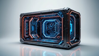 Poster - Futuristic Sci-Fi Container with Neon Lights and Metallic Surface