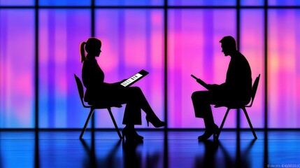 Poster - Silhouetted Business Meeting in Modern Office with Colorful Background and Digital Devices