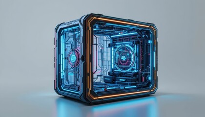 Poster - Futuristic Tech Cube with Neon Lights and Circuit Design