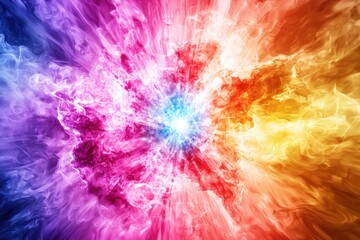 Poster - A mesmerizing explosion of colorful smoke emanating from a central bright point, creating an ethereal abstract background, perfect for adding depth to creative projects.