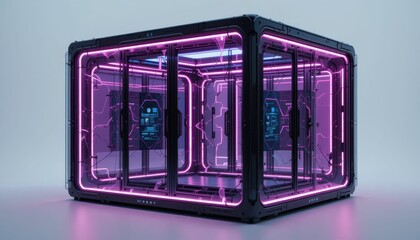 Poster - Futuristic Neon Cube with Bright Lights and Digital Interfaces