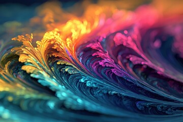 Poster - Artistic multicolored fractal wave pattern in dynamic movement, blending vibrant colors of blue, yellow, pink and purple for a striking visual effect and modern aesthetic.