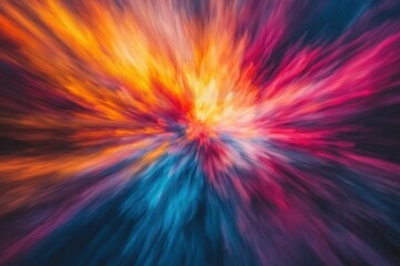 Poster - Colorful abstract explosion of vibrant colors with dynamic brush strokes in orange, pink, red, and blue creating an energetic and artistic burst on dark background.