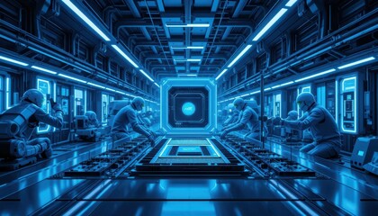 Poster - Futuristic Laboratory Environment with Robots and Neon Lighting