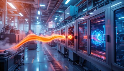 Poster - Futuristic Factory Interior with Bright Light Trails and Machines