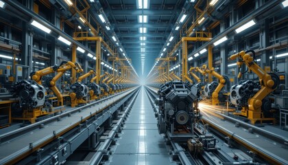 Poster - Futuristic Robotics Assembly Line in Advanced Manufacturing Facility