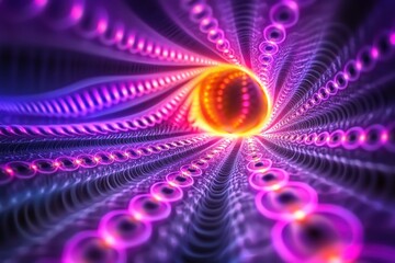 Poster - A mesmerizing abstract fractal design featuring radiant purple and pink spheres leading to a central golden orb, creating a futuristic and captivating visual effect.